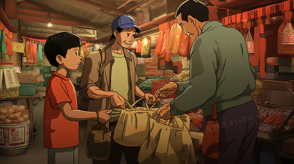 在集市商铺采购的顾客插画