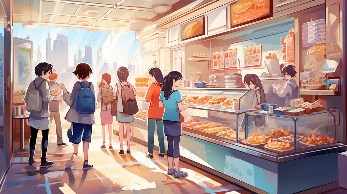 热闹的食品店铺城市建筑插画