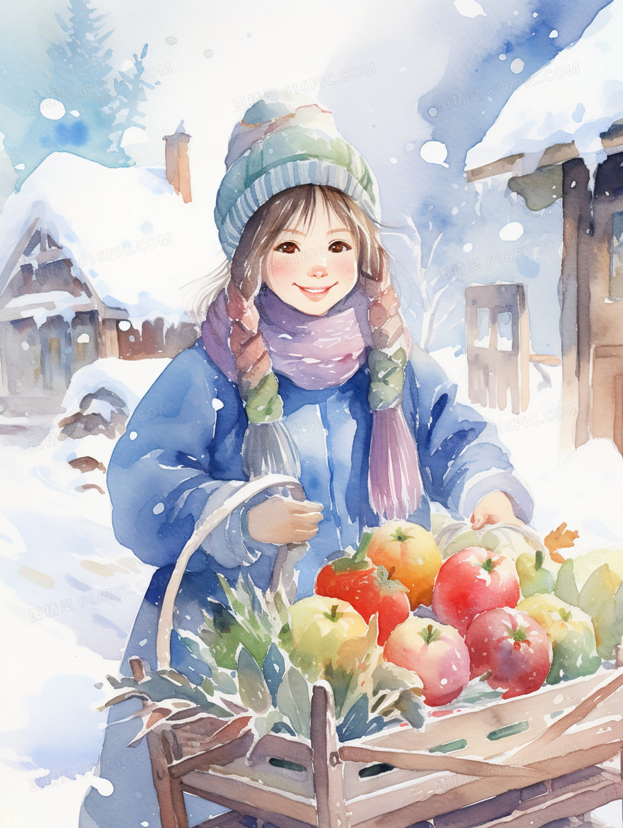 冬日下雪天水果摊位旁的女孩插画