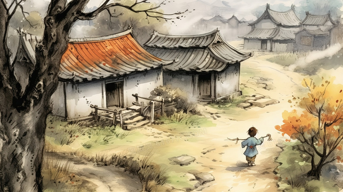 古代村庄道路上行走的小孩插画