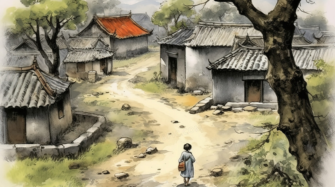 古代村庄道路上行走的小孩插画