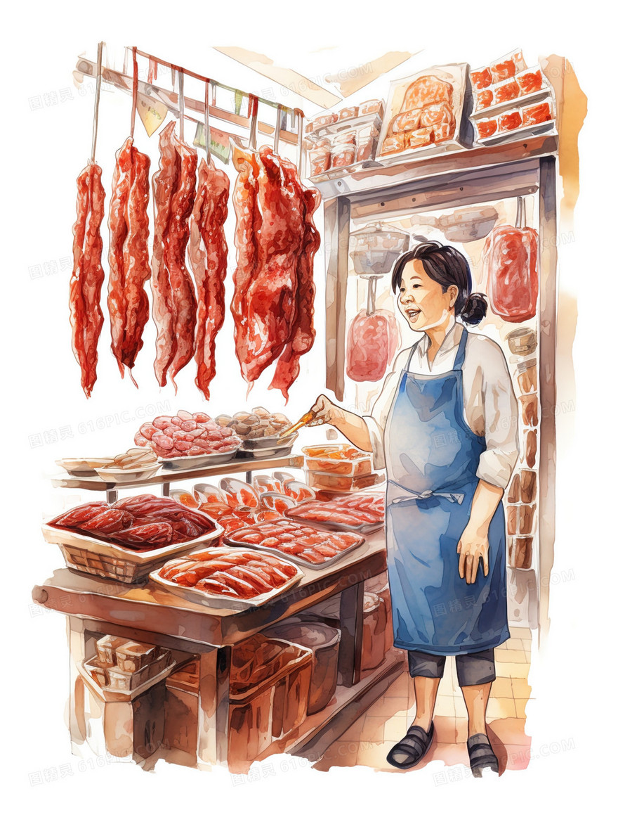 一位中年妇女在杂货摊里卖腊肉插画