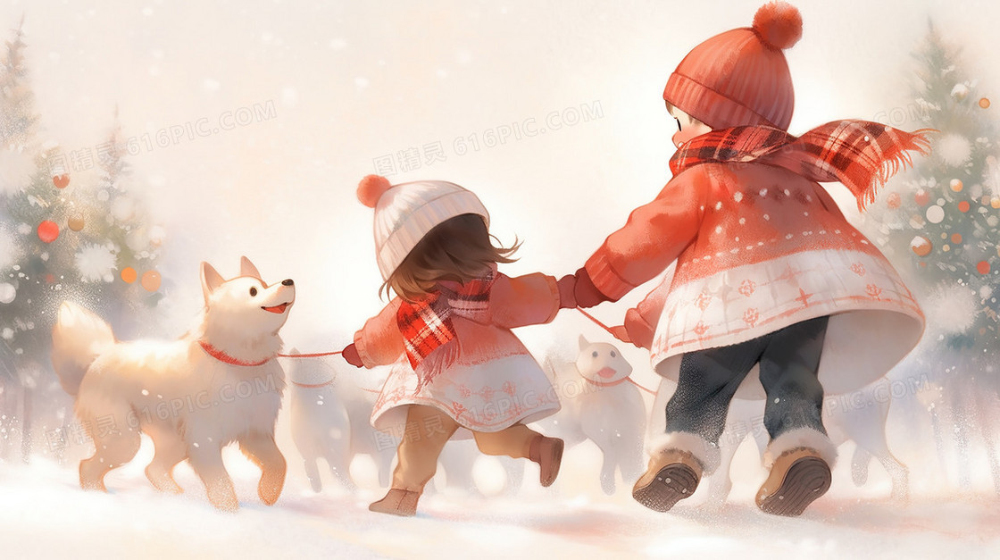 冬天在树林雪地玩耍的女孩和狗狗插画