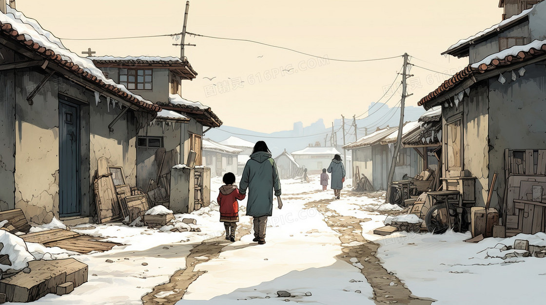 冬天村庄道路上的村民孩童雪景插画