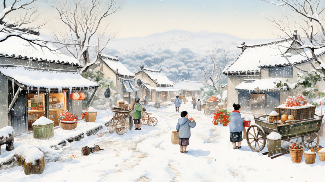 冬天村庄道路上的村民孩童雪景插画