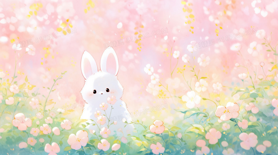 春日粉色花海中的小白兔唯美插画