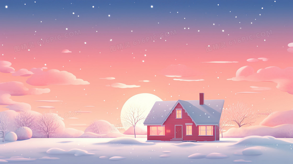 冬天雪地平原上的小房子插画