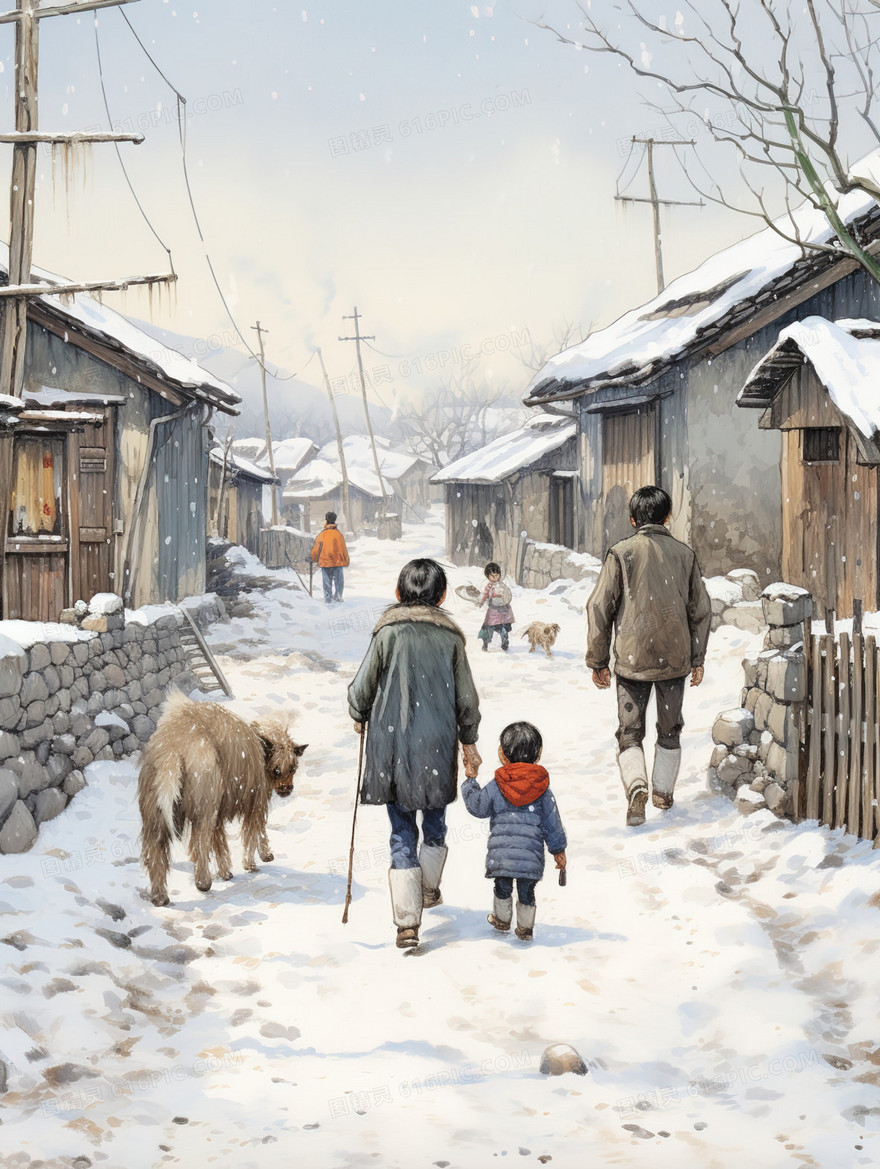 冬天村庄道路上的村民孩童雪景插画