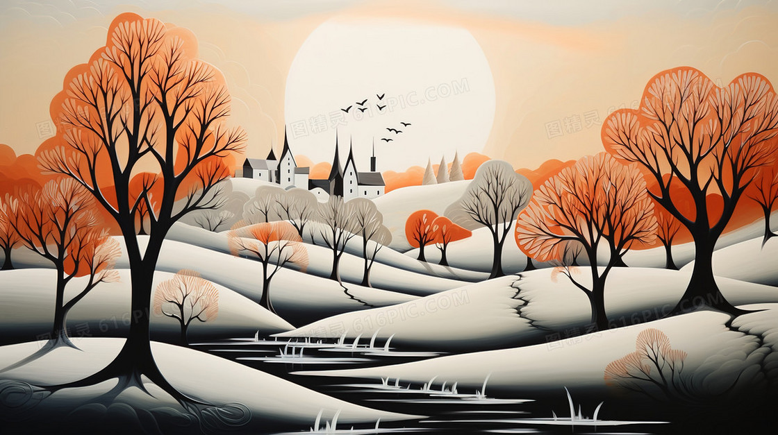 黄昏山林雪地上的一座教堂插画