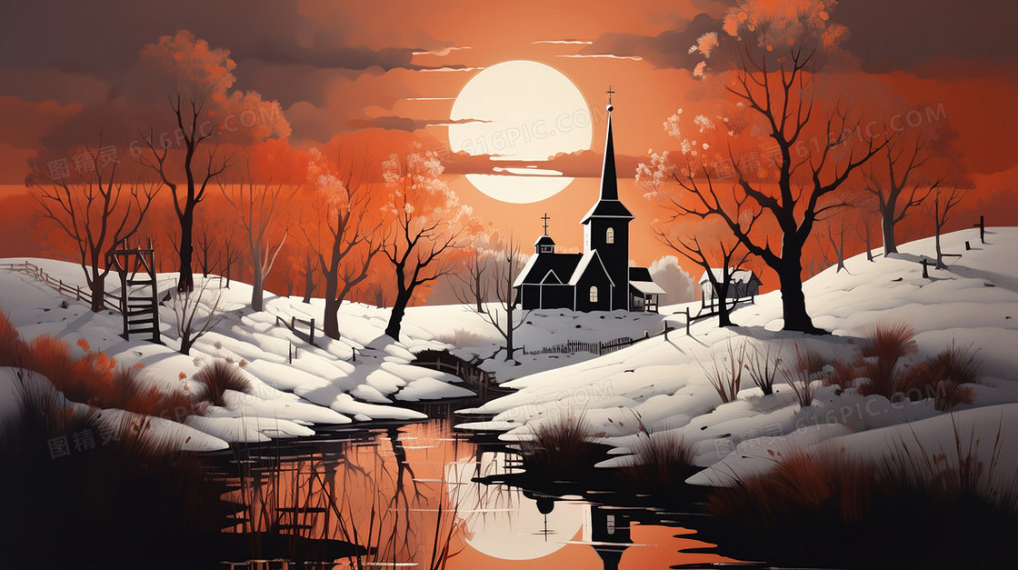 黄昏山林雪地上的一座教堂插画