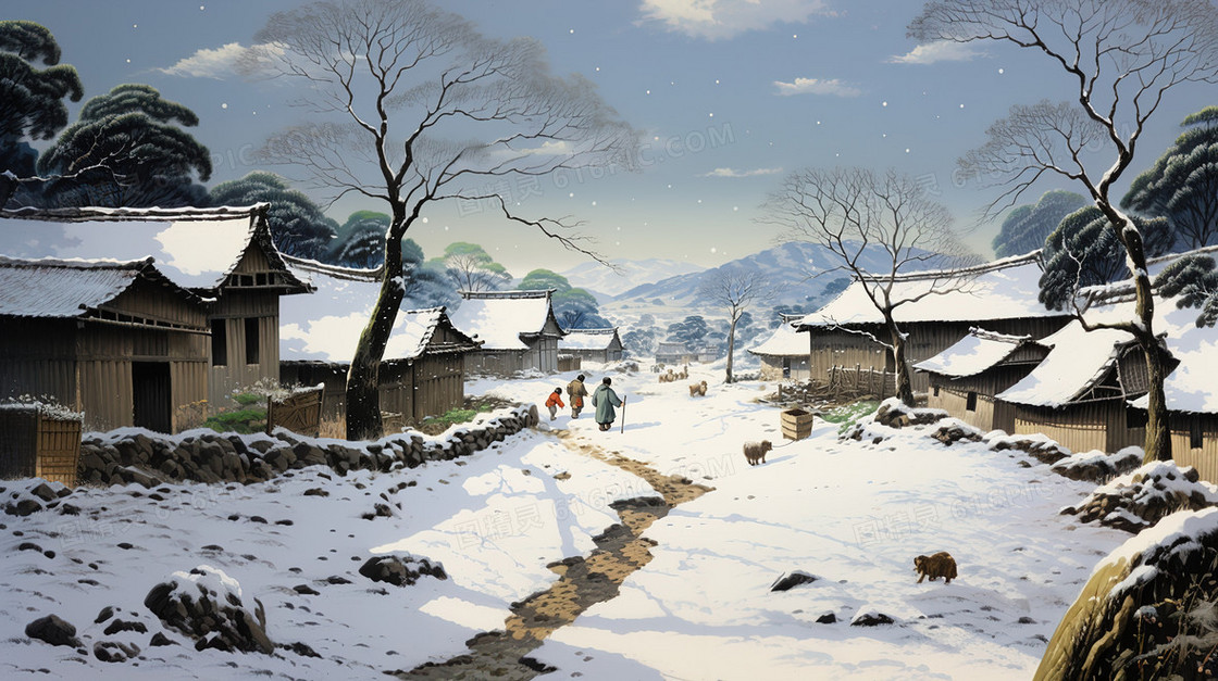 冬季古代中国农村插画