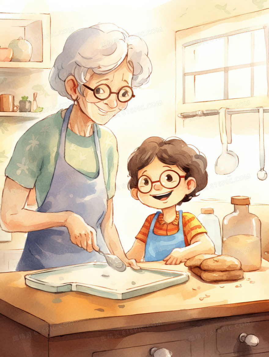 厨房里一起制作美食祖母和孩子插画