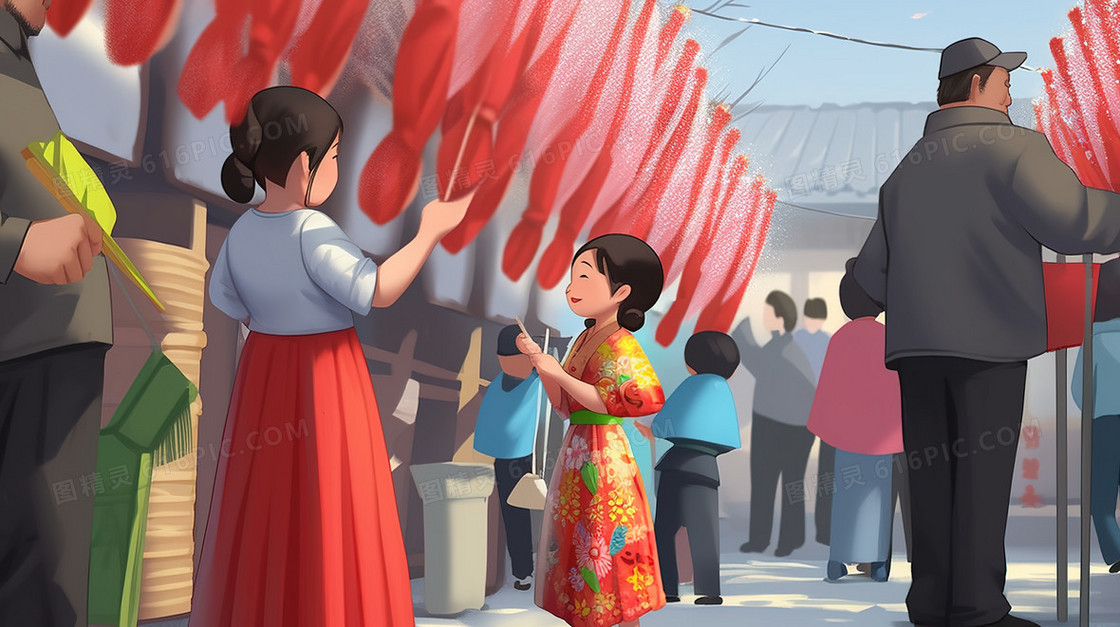 延边节日热闹集市采购插画
