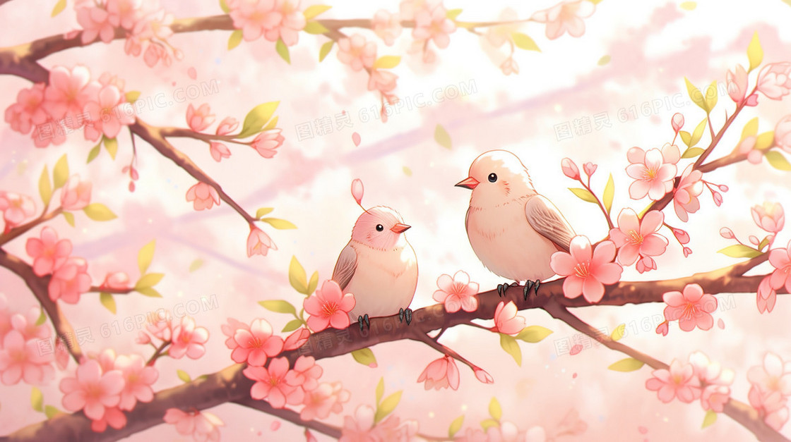 粉色花朵树枝上的小动物唯美插画