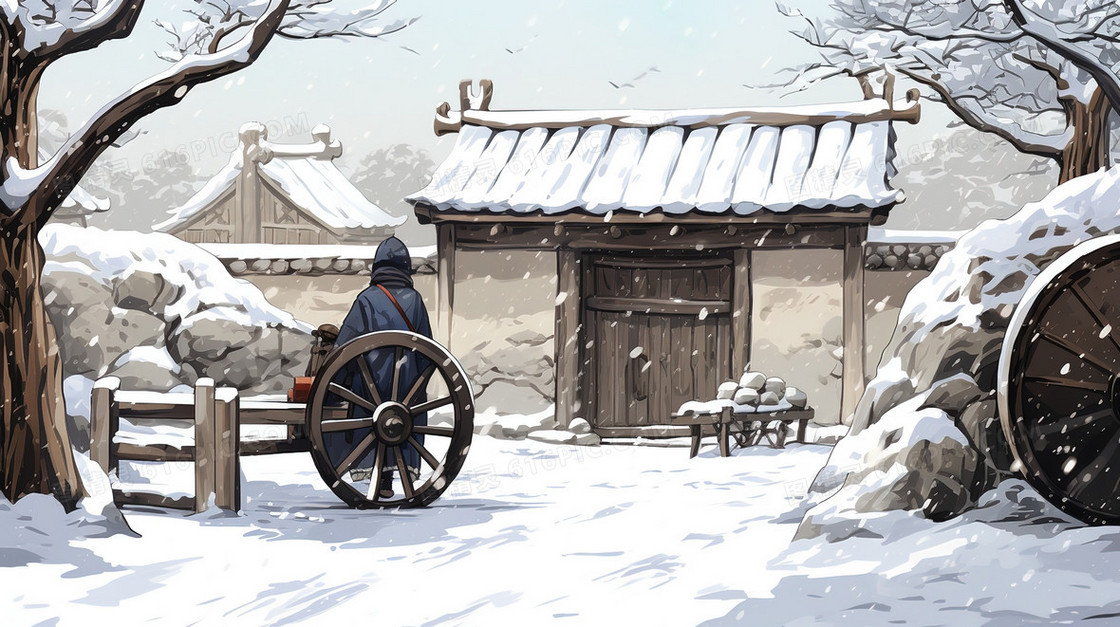 冬季古代中国农村插画
