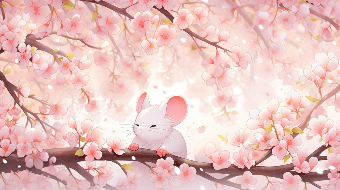 粉色花朵树枝上的小动物唯美插画