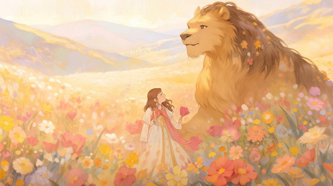 鲜花丛中的狮子与女孩插画