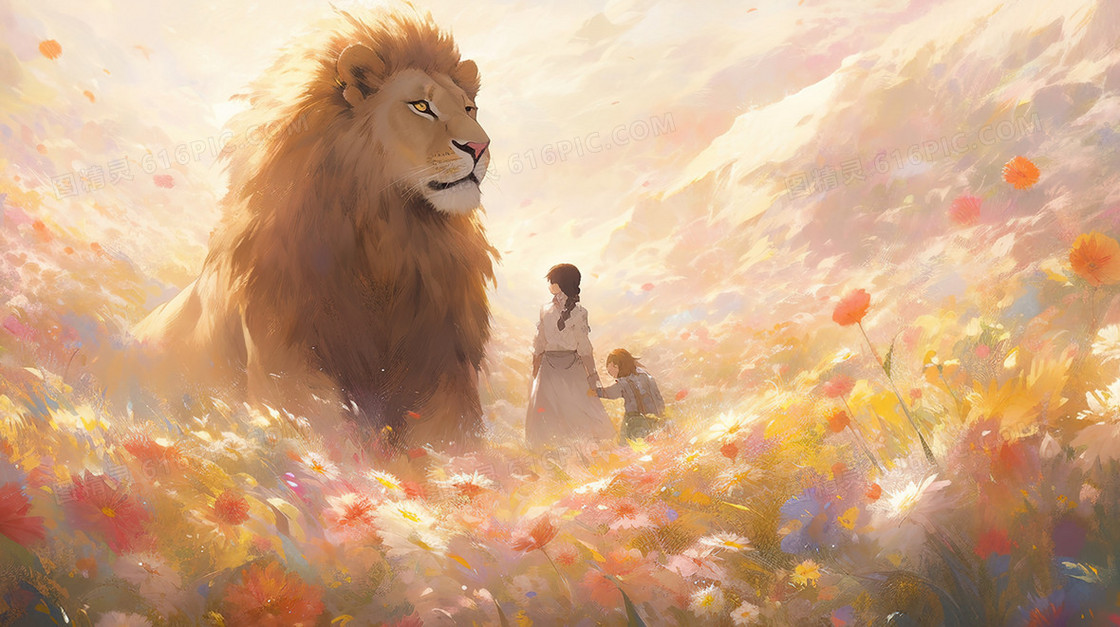 鲜花丛中的狮子与女孩插画