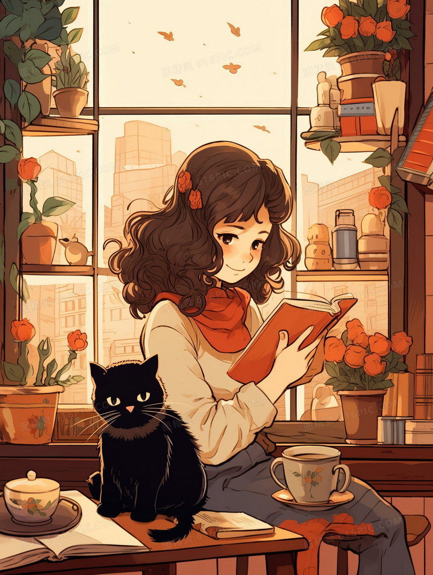 书房里带着小猫阅读的少女插画