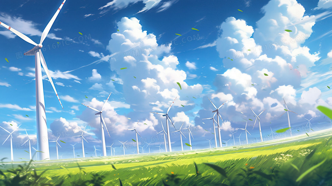 蓝天白云下的青青草原上的大风车插画