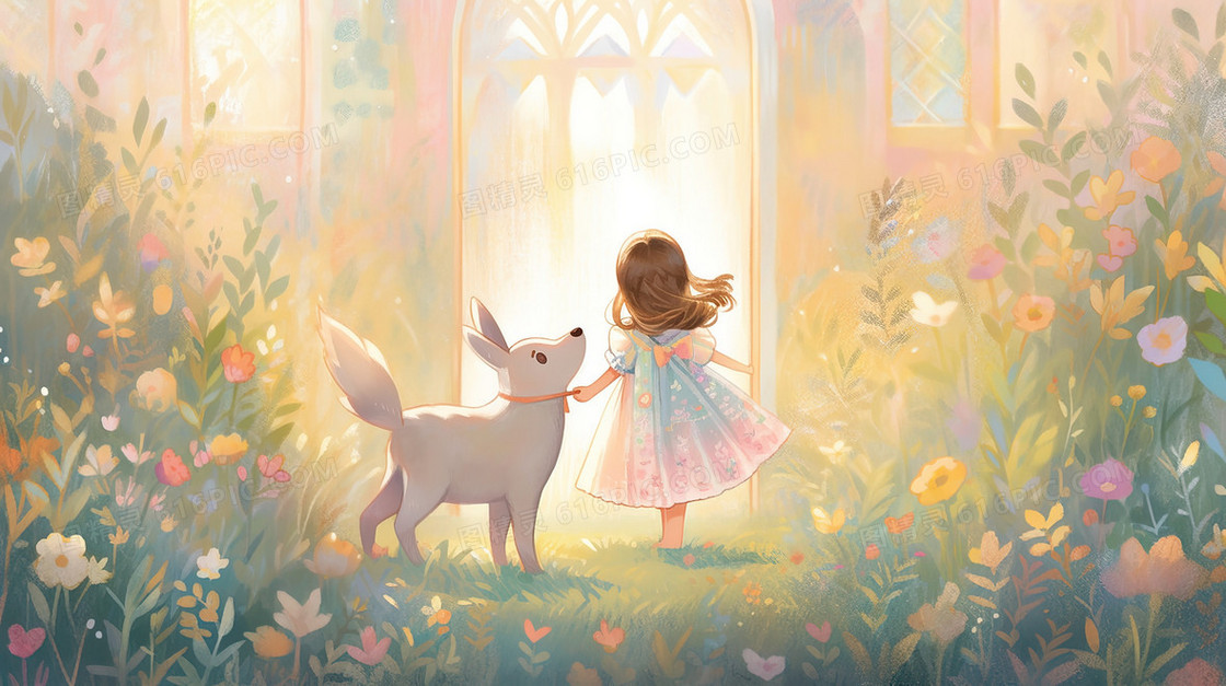 花园中的女孩和小狗插画