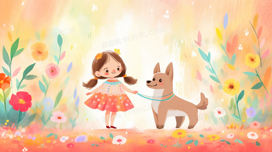 花园中的女孩和小狗插画