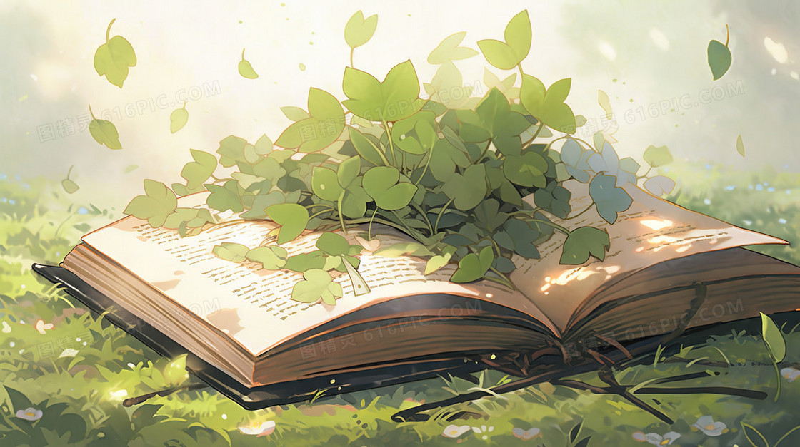 草地上打开的书本上堆满树叶插画