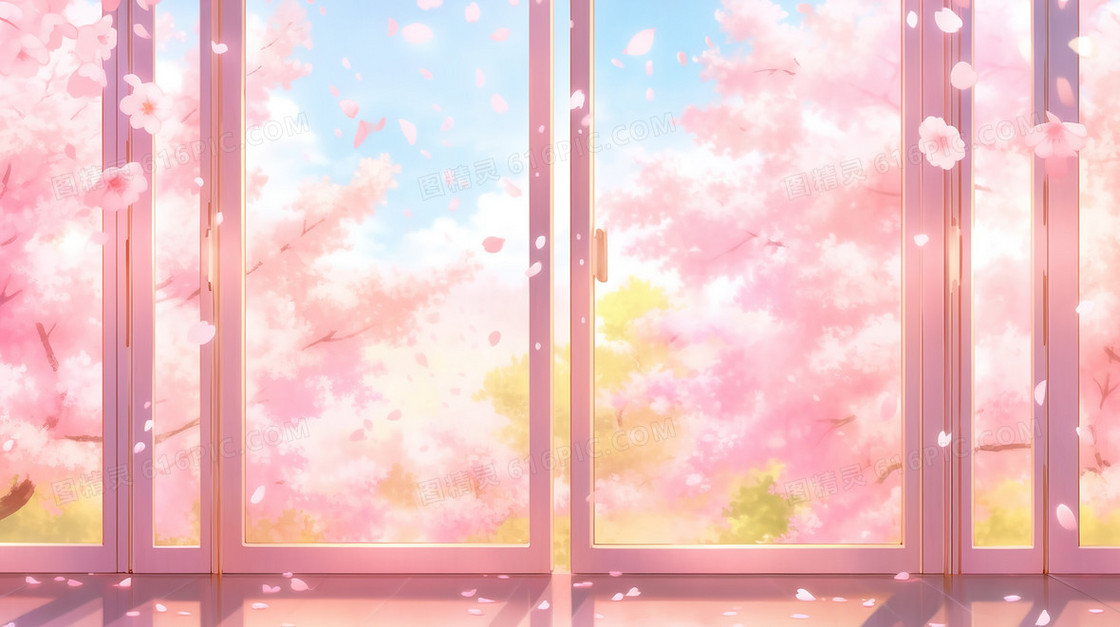 春天窗外粉色的花朵美景插画