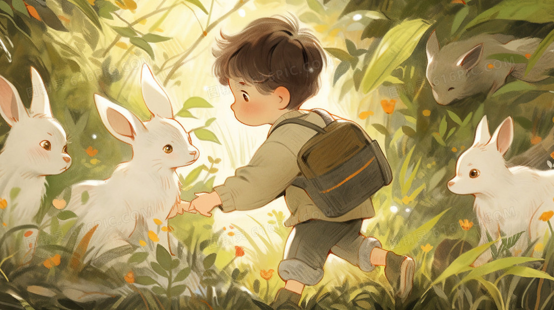 春天森林里的小男孩和动物插画