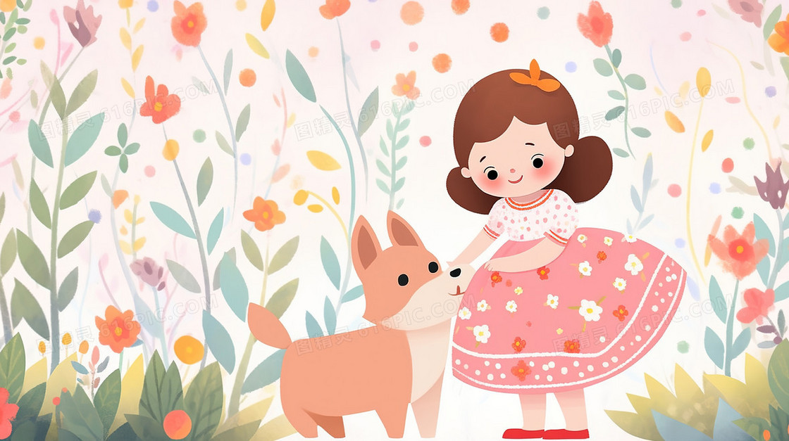 童话故事场景里的小狗与女孩插画