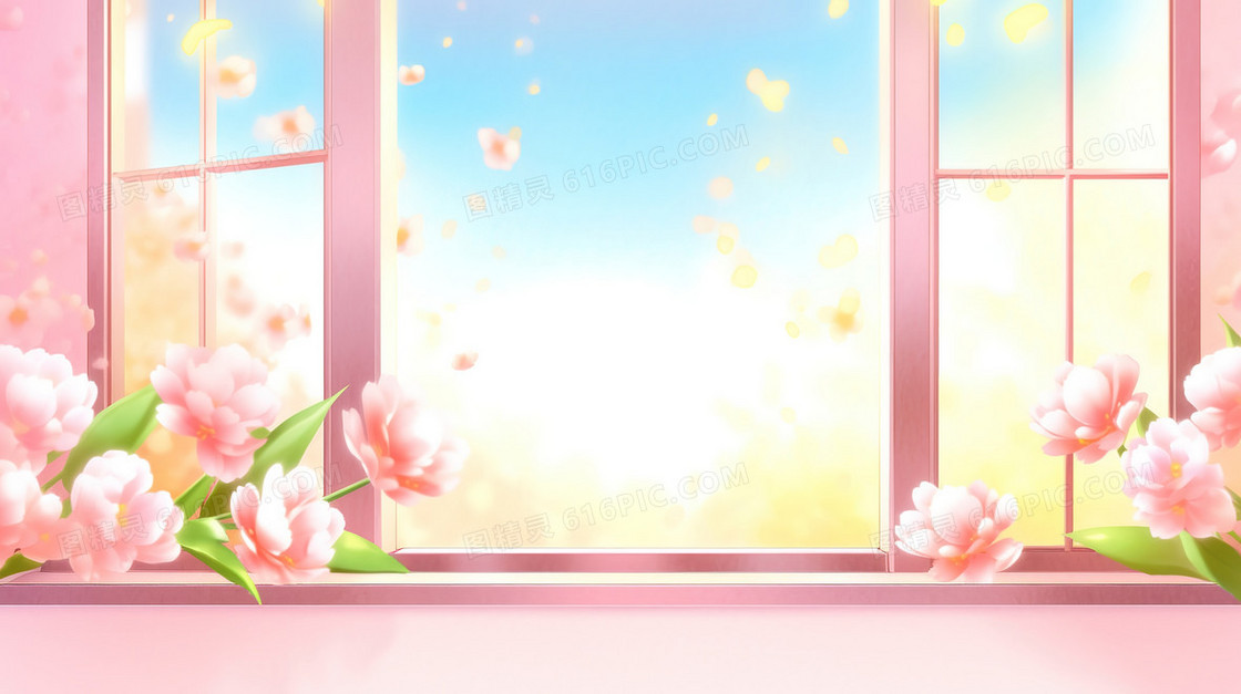 春天窗外粉色的花朵美景插画