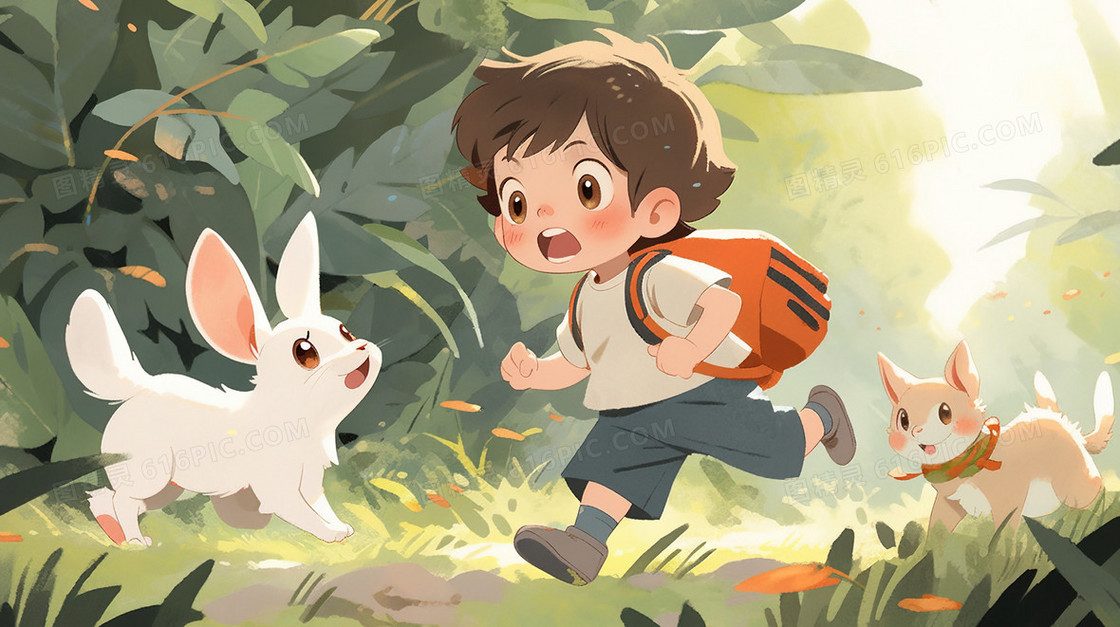 春天森林里的小男孩和动物插画