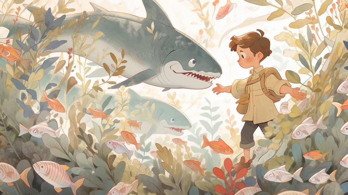 小男孩和鱼类水底世界梦幻插画