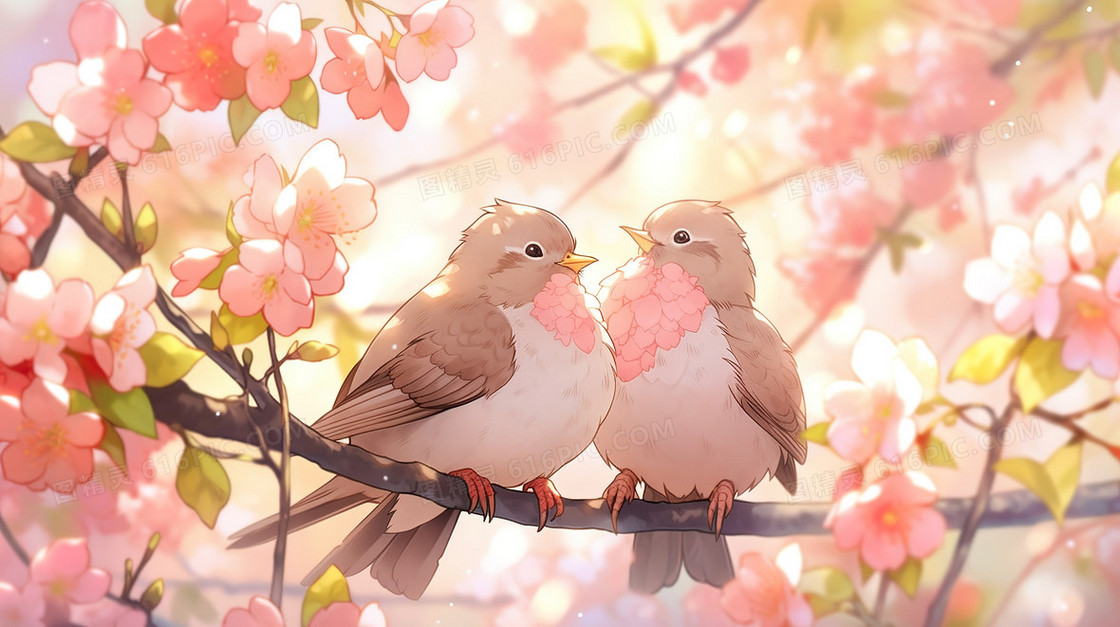 春天粉色桃花树枝上的可爱小鸟插画