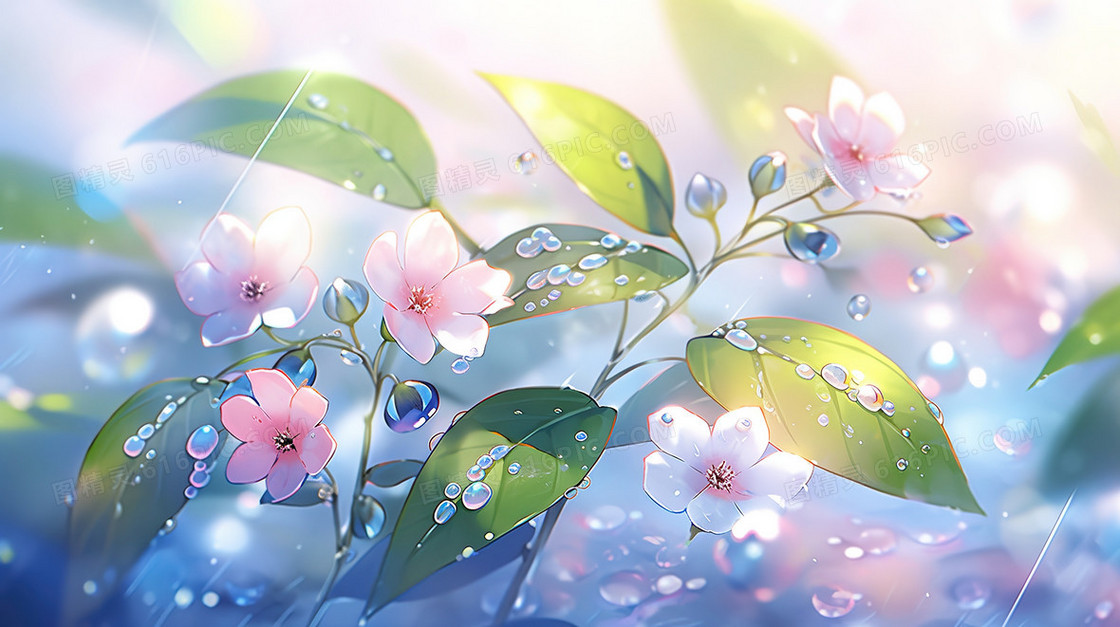 春天雨滴里的粉色花朵插画