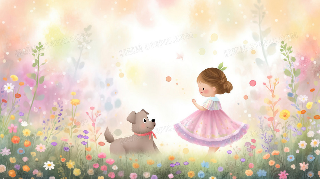 春天花丛中的小女孩和小狗插画