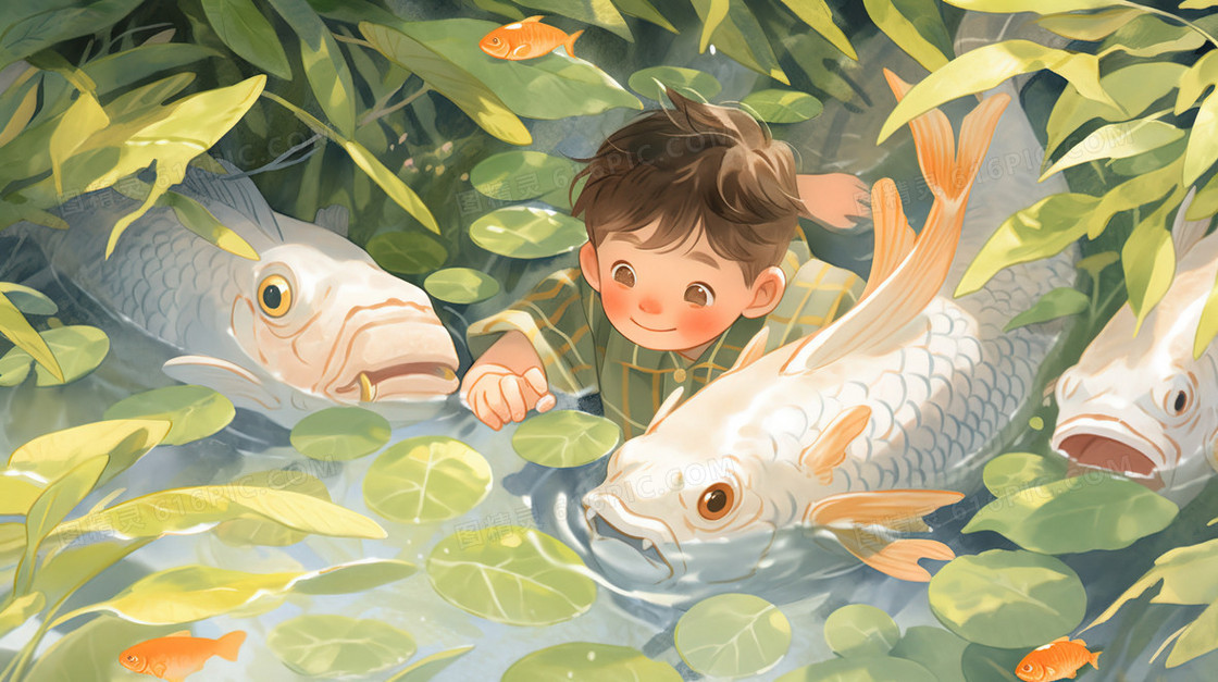 小男孩和鱼类水底世界梦幻插画