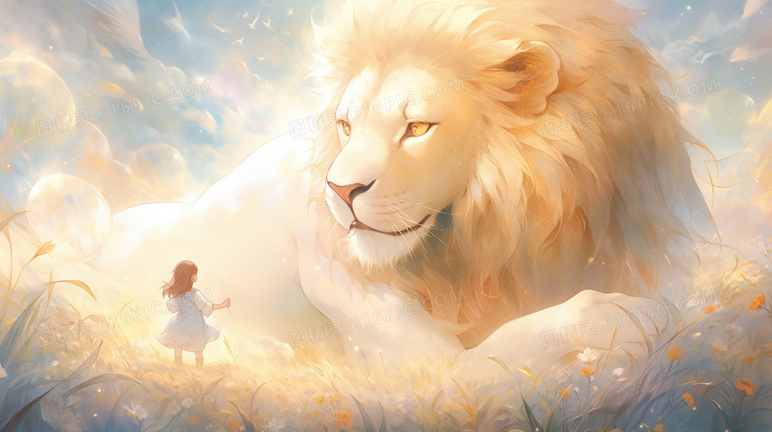 山野鲜花中的狮子与女孩插画