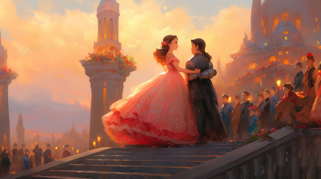 城堡梯级上的公主和王子插画