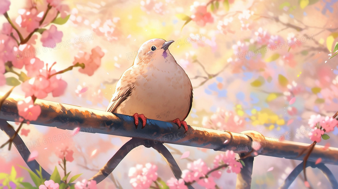 春天粉色桃花树枝上的可爱小鸟插画