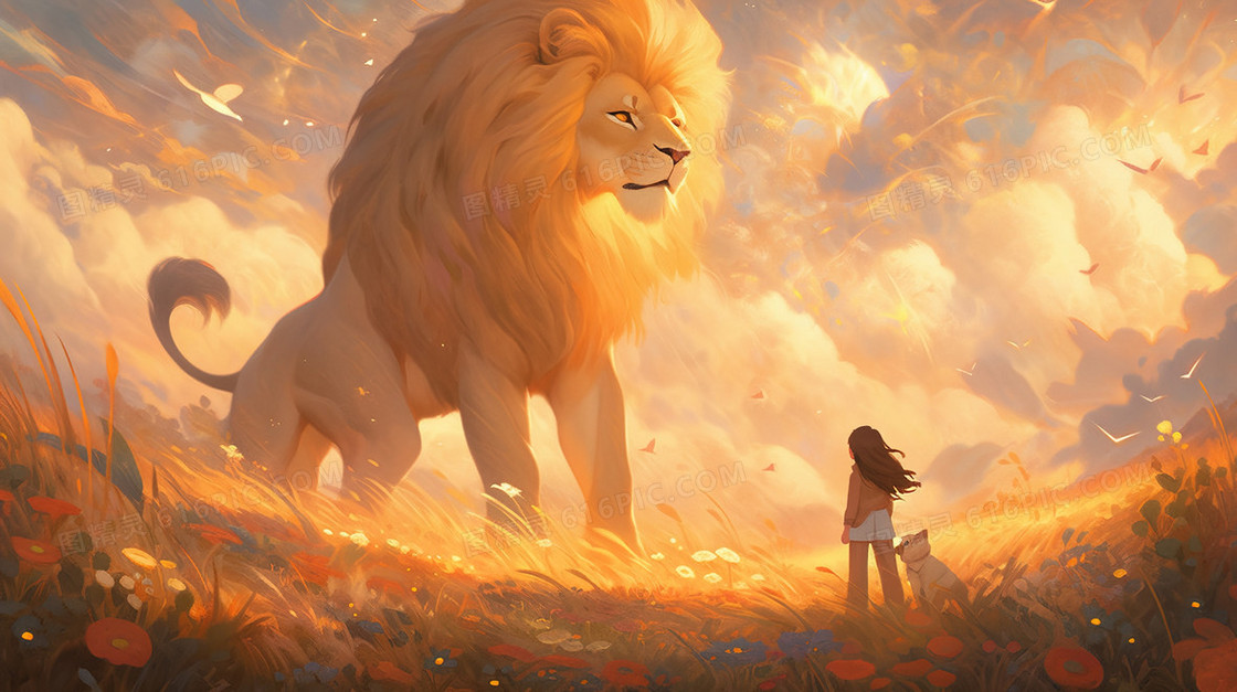 山野鲜花中的狮子与女孩插画