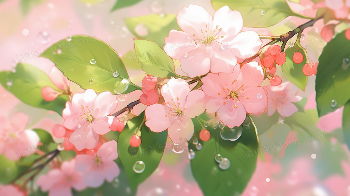 春天雨滴里的粉色花朵插画