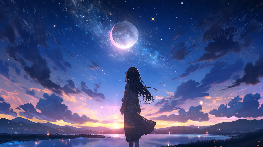 梦幻背景星空中月光下一个在湖水边的小女孩插画