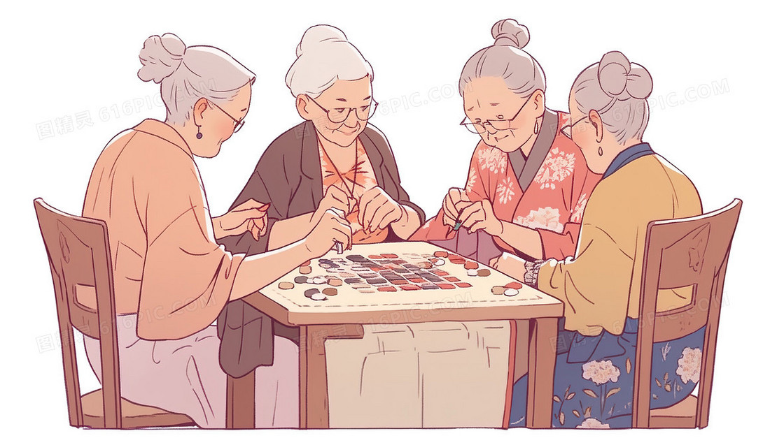 四个老奶奶在下棋插画