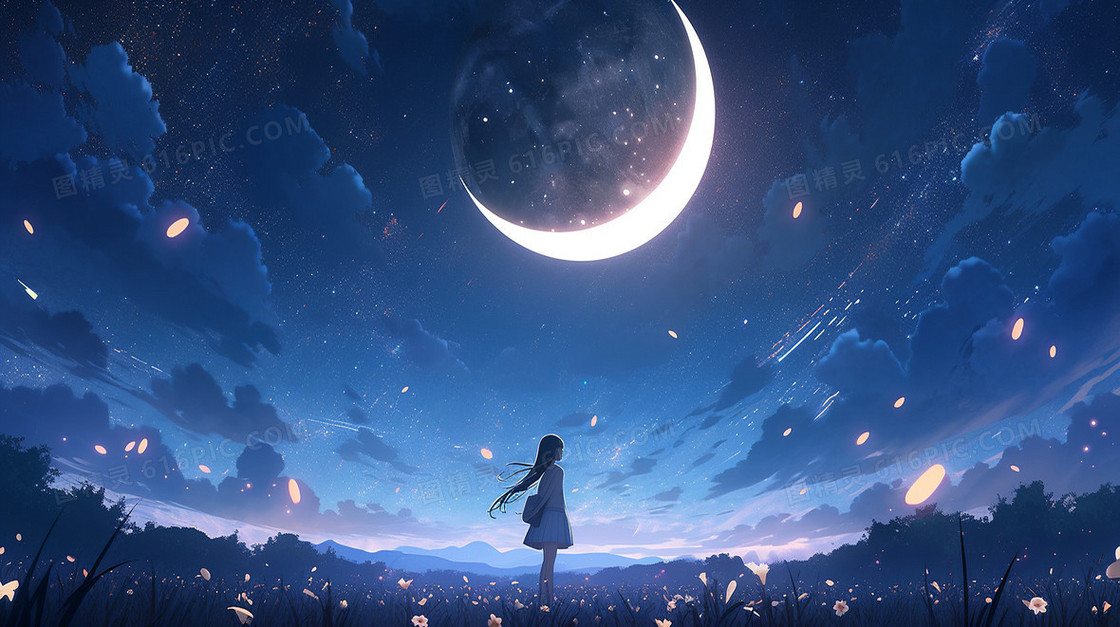 梦幻背景可爱的小女孩在草丛中看月亮的插画