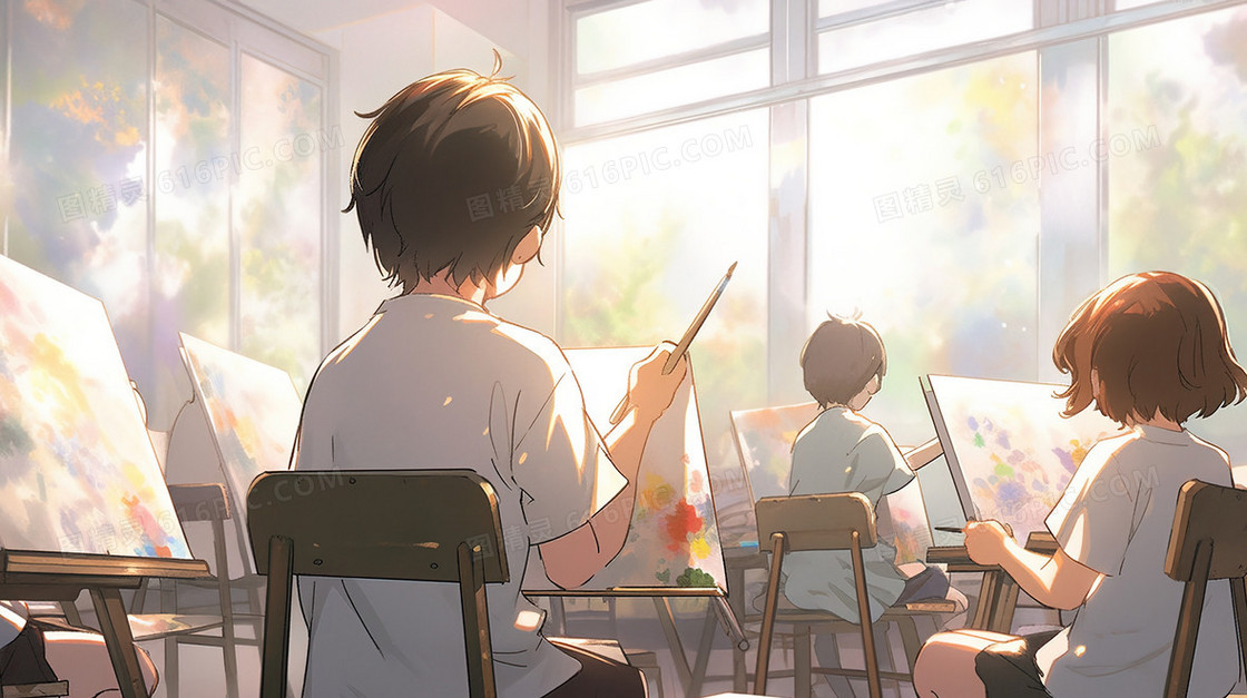 画室里学习绘画的学生插画