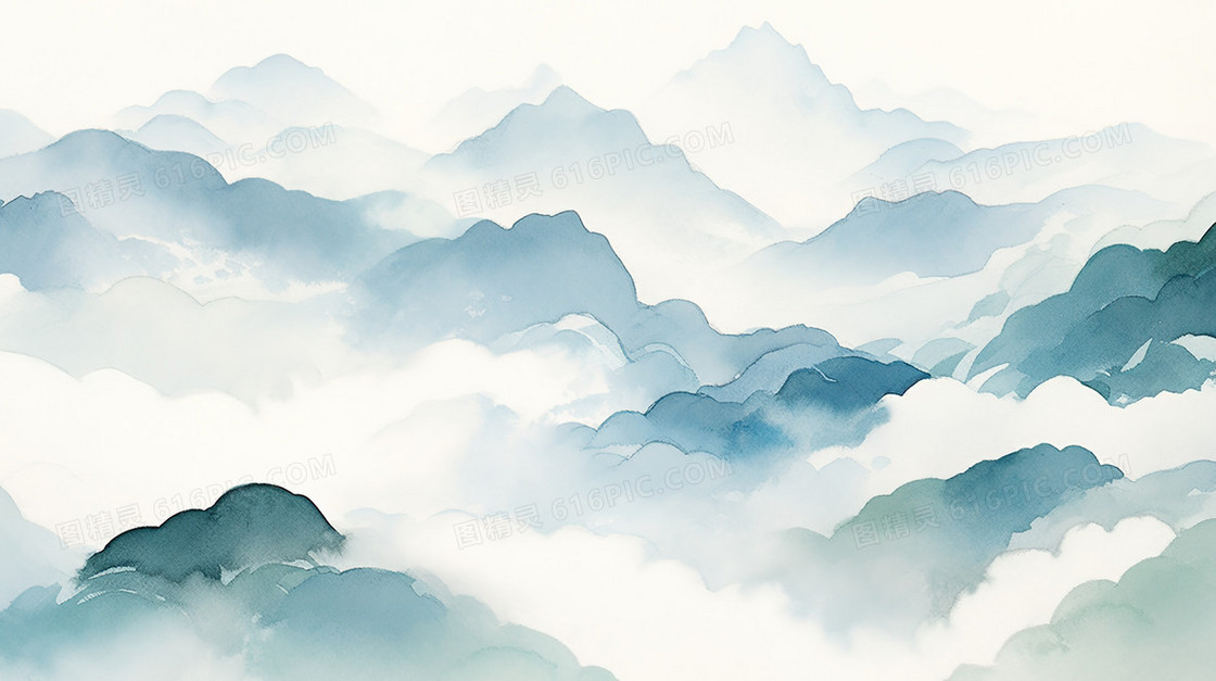 山雾袅绕的丛山中国山水插画