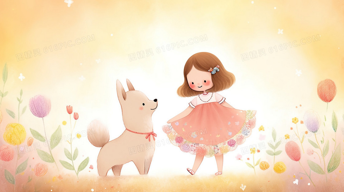 穿裙子的小女孩和宠物小狗插画