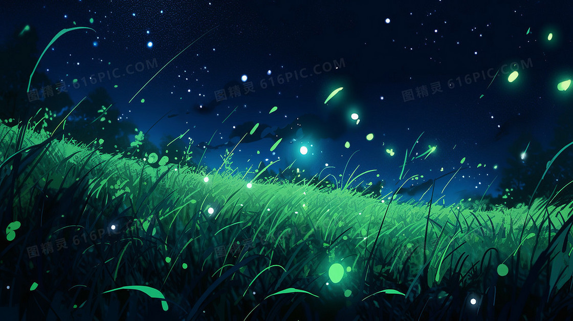 蓝色星空绿色草地中萤火虫特写近景插画