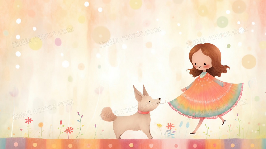 穿裙子的小女孩和宠物小狗插画